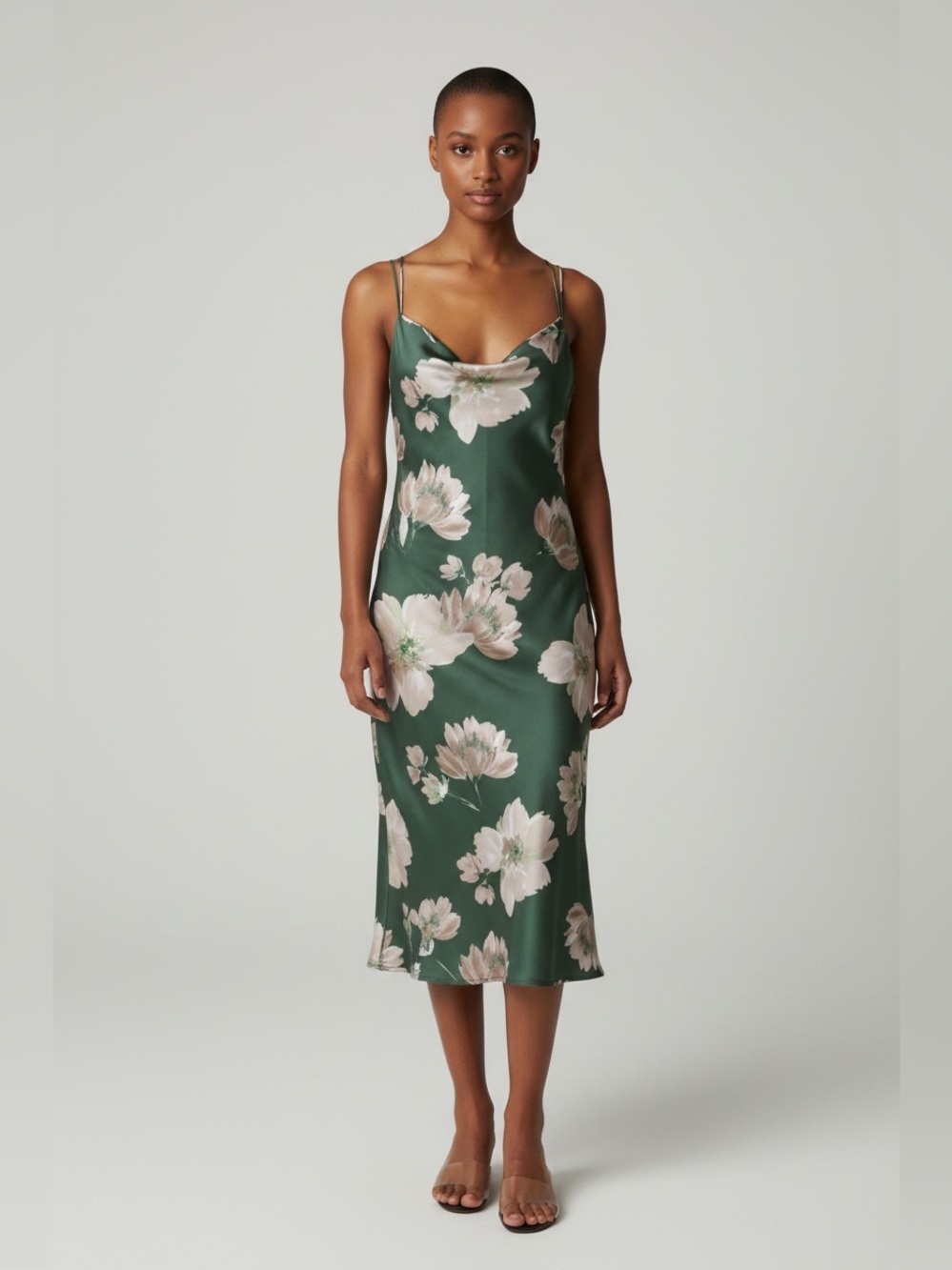 bebe Green Floral Satin Cowl Slip Dress